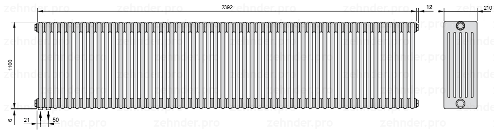 Схема (чертеж) Радиатор Zehnder Charleston 6110/52 №3370 Белый глянцевый RAL 9016